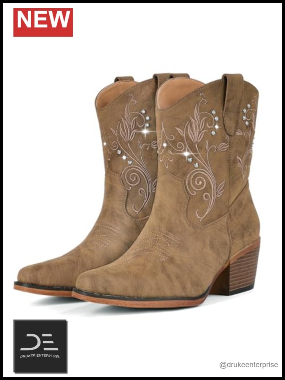 Women Rhinestone Cowgirl Ankle Boots Chunky Heel Western Pointed Toe Synthetic